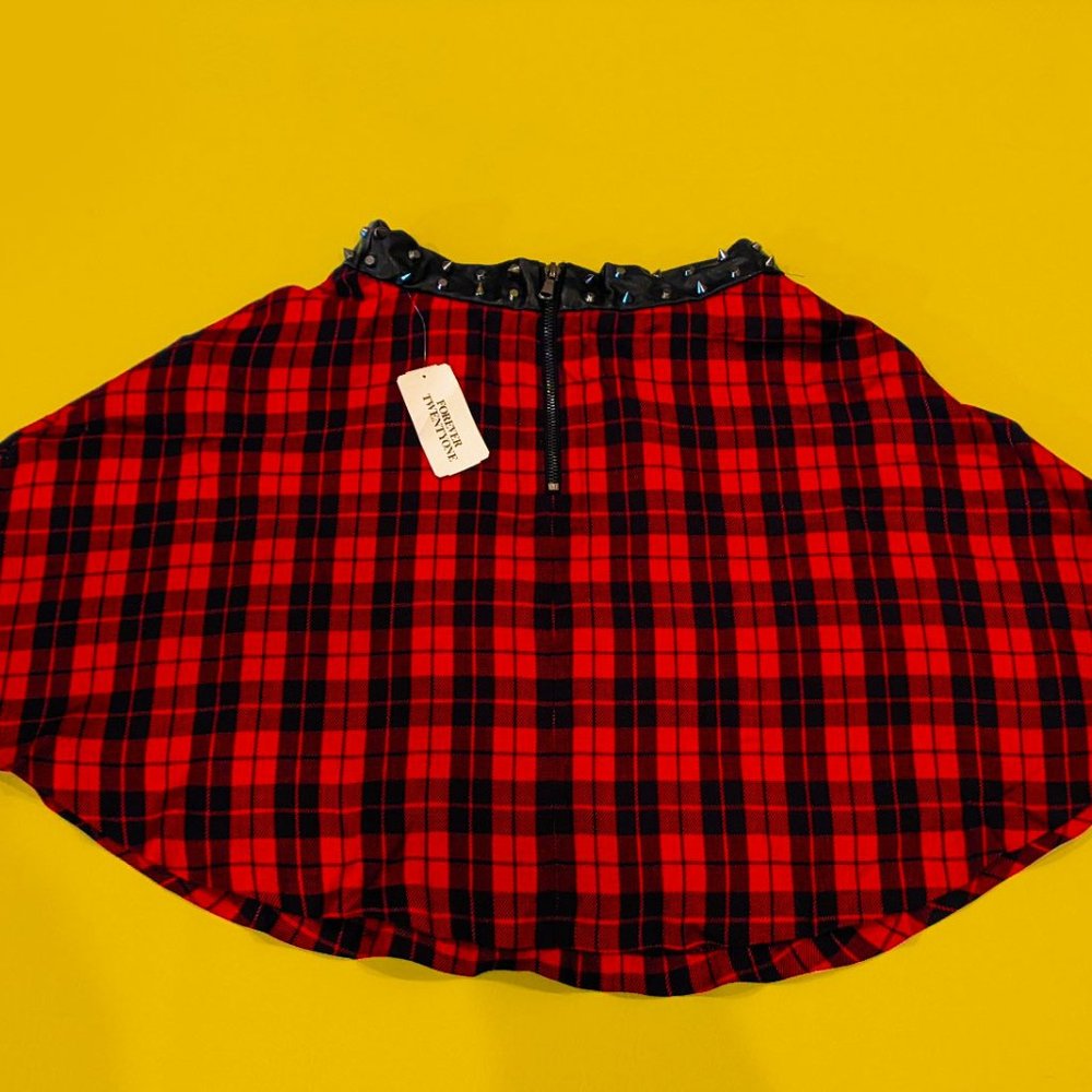 FOREVER 21 Red Plaid Skirt with Zipper Faux Leather Band and Spikes